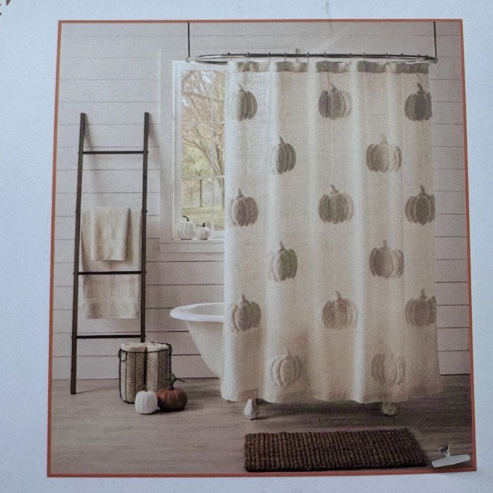Rachel Ashwell Cream Tufted PUMPKIN Fabric Shower Curtain Fall Thanksgiving NEW - Picture 2 of 6